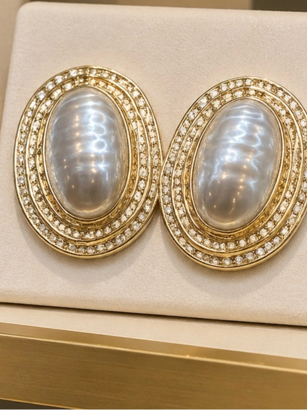 Gold and Pearl Oval Statement Earrings - Women Jewelry